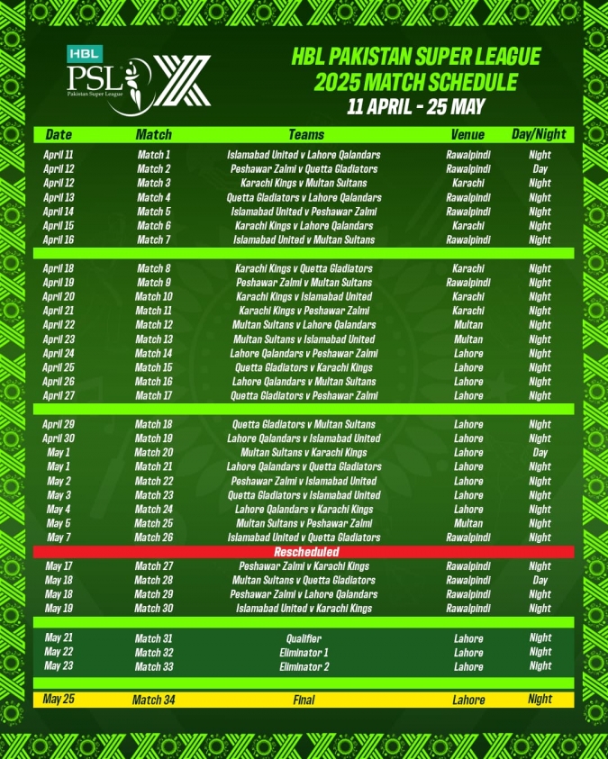 PSL-10 Schedule